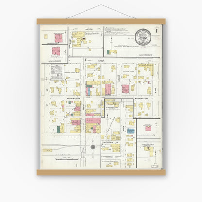 Old map wall art mockup — magnetic wood frame on white wall — Sanborn Fire Insurance Map from Upland, Grant County, Indiana (1909) - Complete Map Set