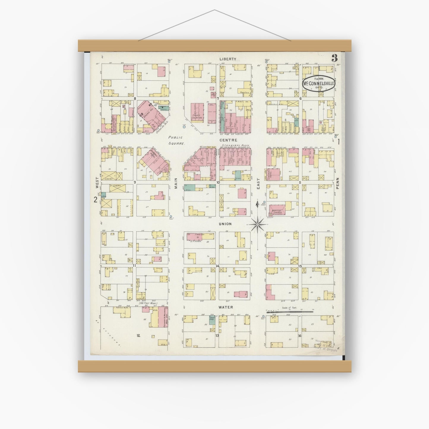 Old map wall art mockup — magnetic wood frame on white wall — Sanborn Fire Insurance Map from McConnelsville, Morgan County, Ohio (1896), Sheet #0003