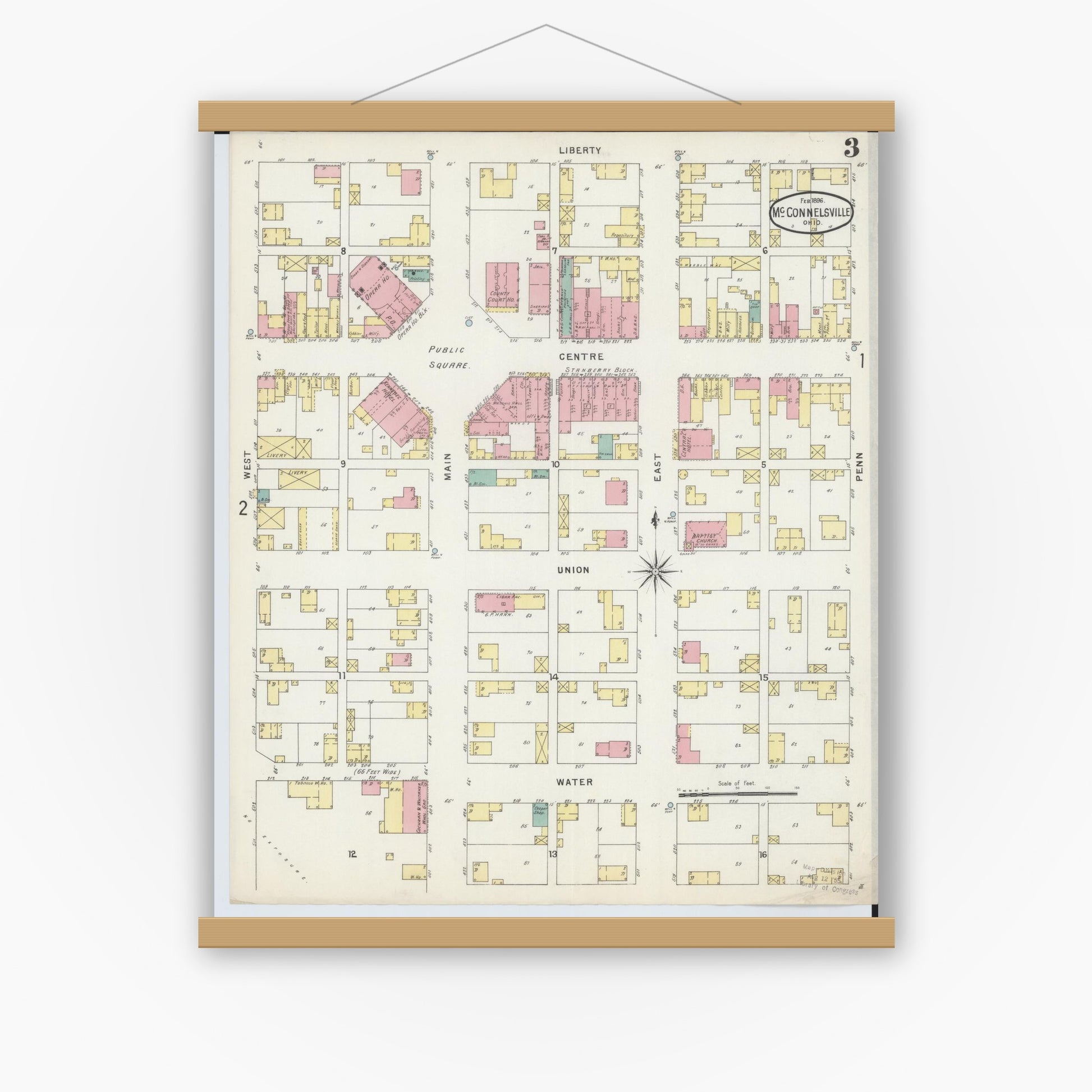 Old map wall art mockup — magnetic wood frame on white wall — Sanborn Fire Insurance Map from McConnelsville, Morgan County, Ohio (1896), Sheet #0003