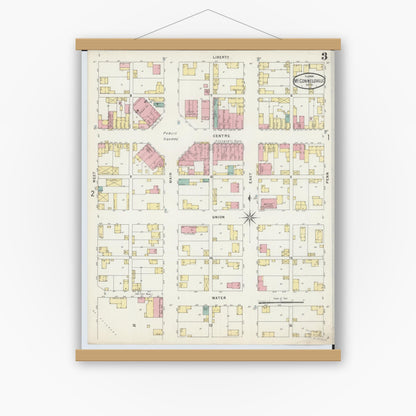 Old map wall art mockup — magnetic wood frame on white wall — Sanborn Fire Insurance Map from McConnelsville, Morgan County, Ohio (1896), Sheet #0003