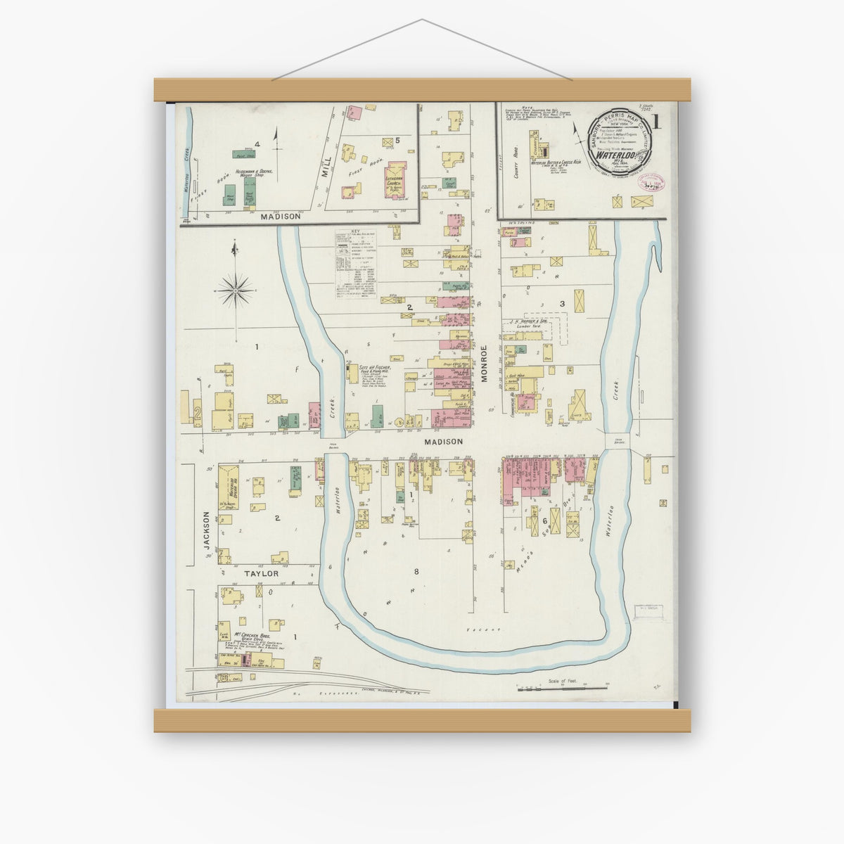 Old map wall art mockup — magnetic wood frame on white wall — Sanborn Fire Insurance Map from Waterloo, Jefferson County, Wisconsin (1894) - Complete Map Set