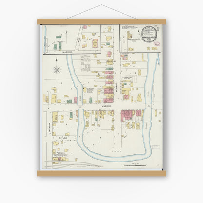 Old map wall art mockup — magnetic wood frame on white wall — Sanborn Fire Insurance Map from Waterloo, Jefferson County, Wisconsin (1894) - Complete Map Set