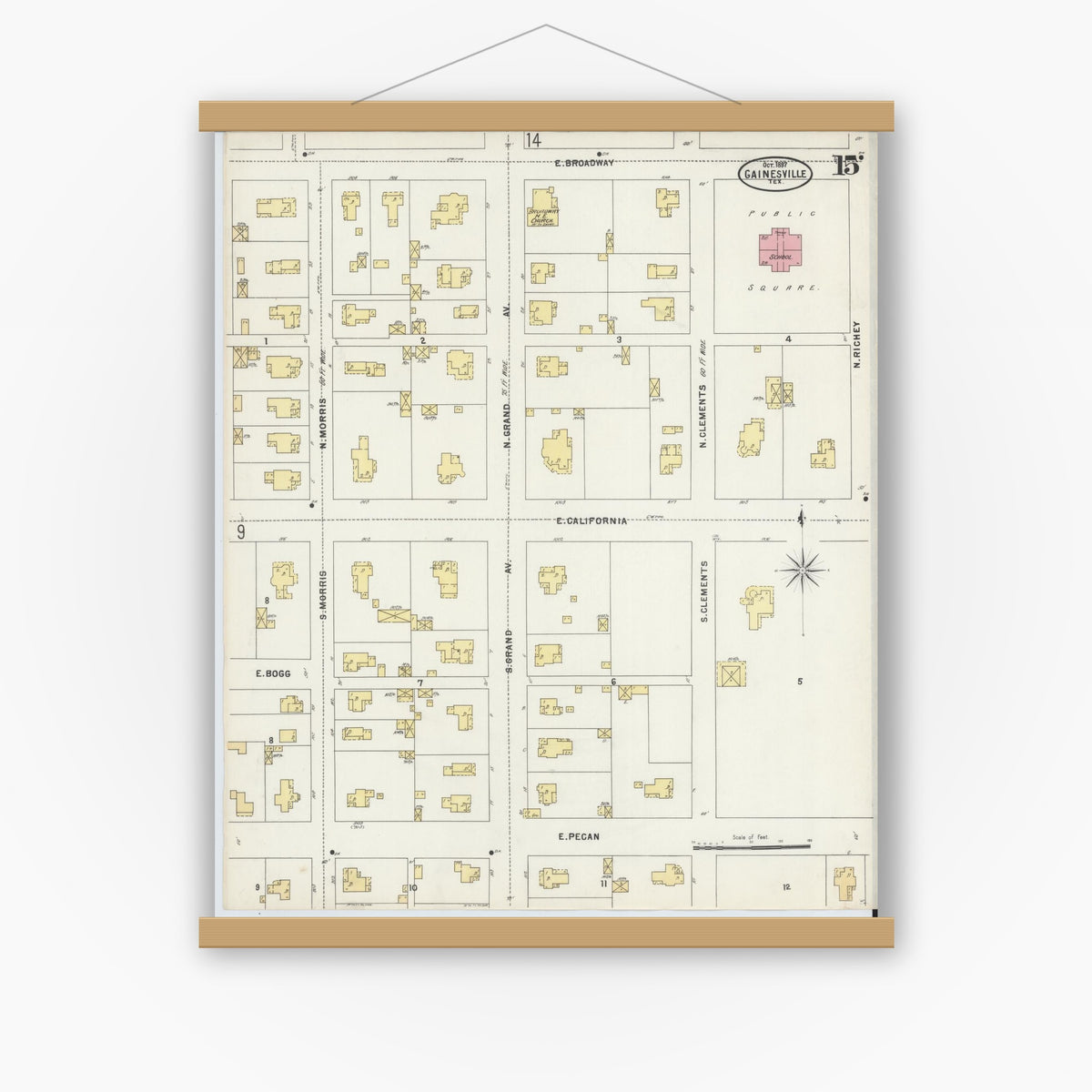 Old map wall art mockup — magnetic wood frame on white wall — Sanborn Fire Insurance Map from Gainesville, Cooke County, Texas (1897), Sheet #0015