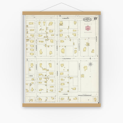 Old map wall art mockup — magnetic wood frame on white wall — Sanborn Fire Insurance Map from Gainesville, Cooke County, Texas (1897), Sheet #0015
