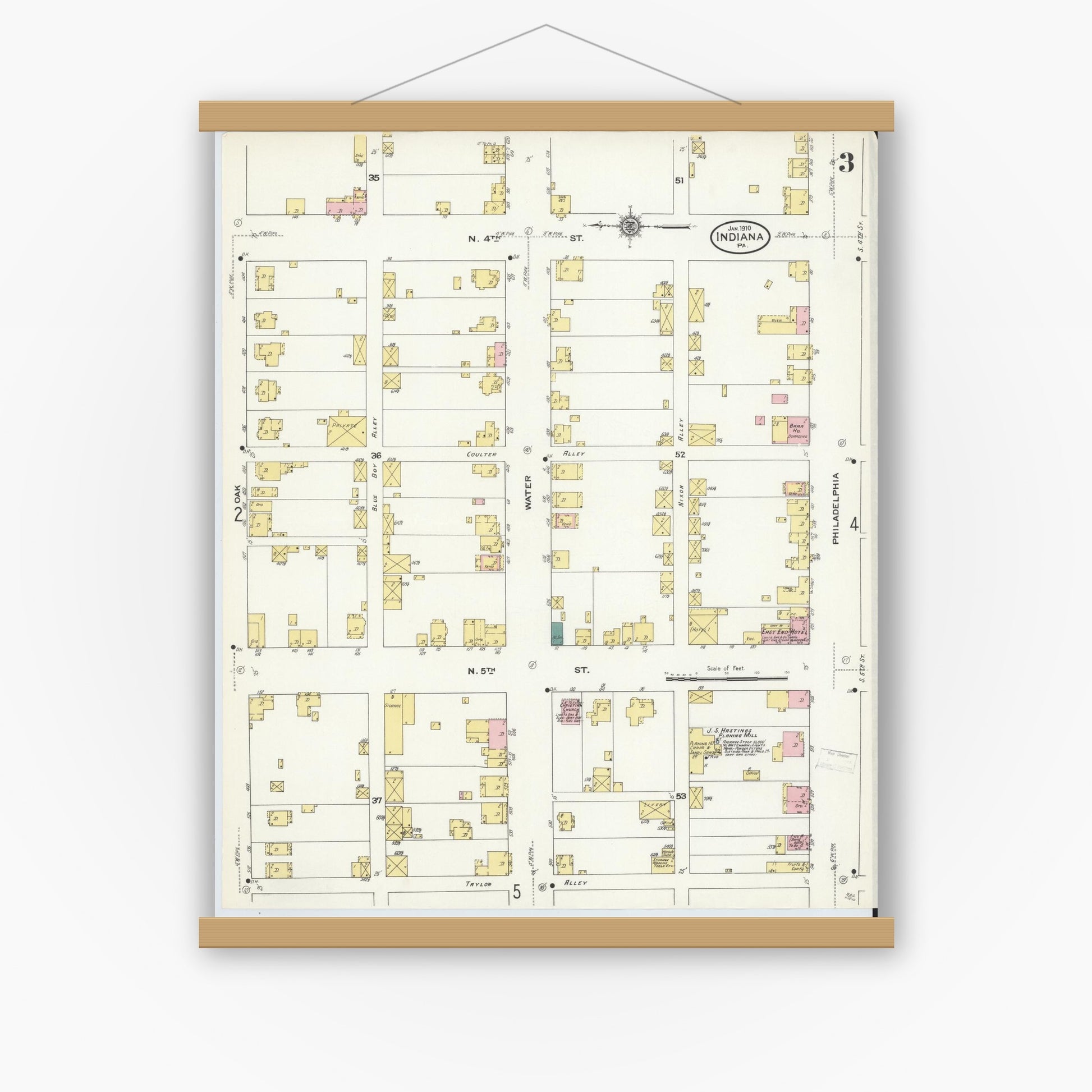 Old map wall art mockup — magnetic wood frame on white wall — Sanborn Fire Insurance Map from Indiana, Indiana County, Pennsylvania (1910), Sheet #0003