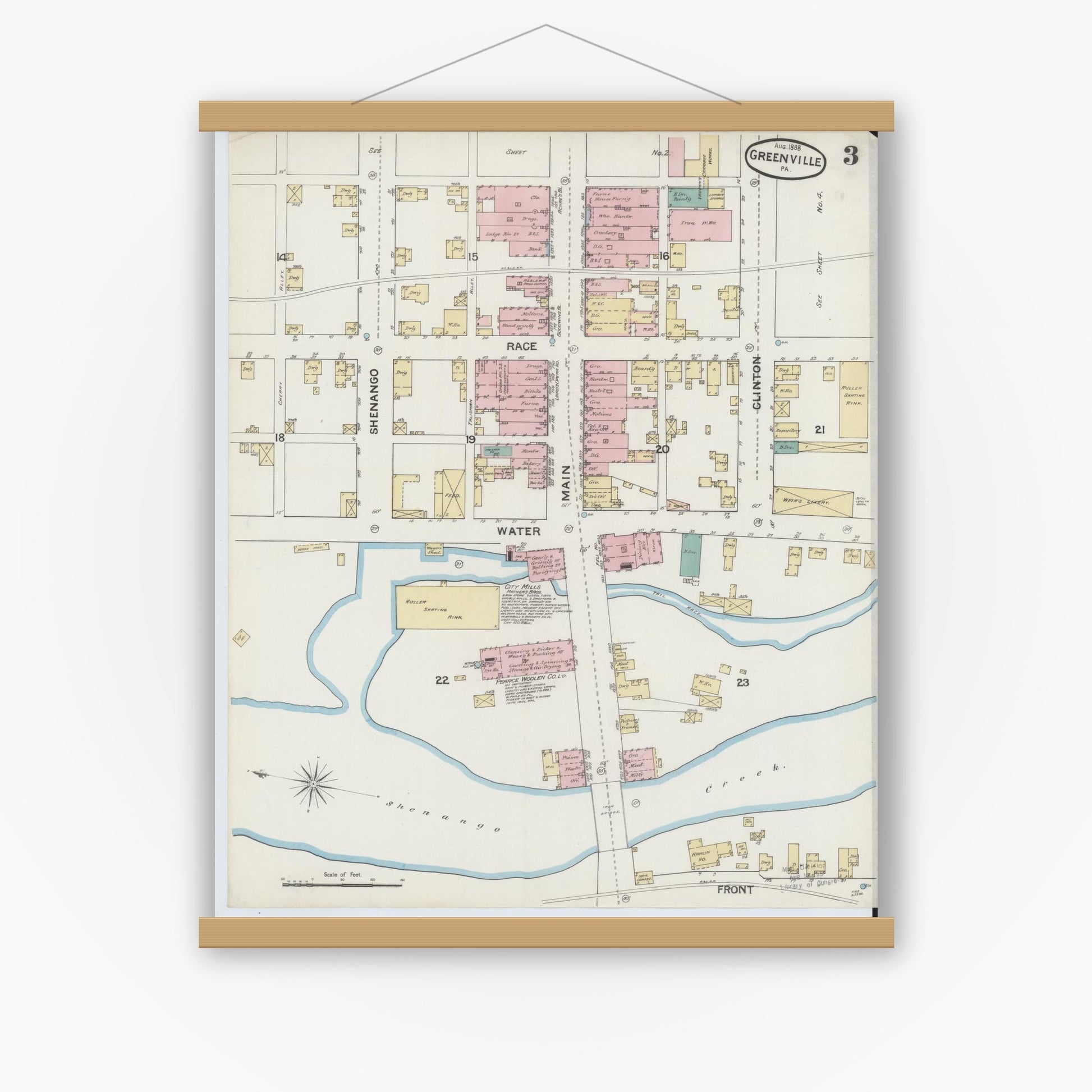 Old map wall art mockup — magnetic wood frame on white wall — Sanborn Fire Insurance Map from Greenville, Mercer County, Pennsylvania (1888), Sheet #0003