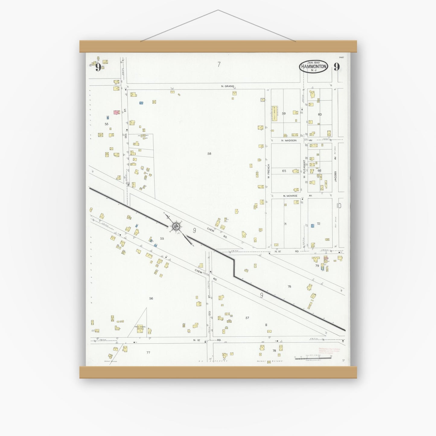 Old map wall art mockup — magnetic wood frame on white wall — Sanborn Fire Insurance Map from Hammonton, Atlantic County, New Jersey (1930), Sheet #0009