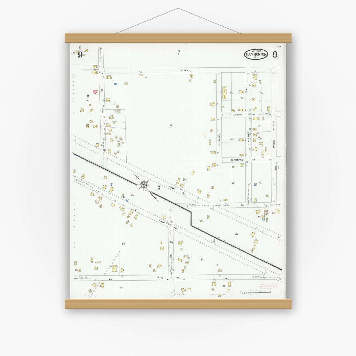 Old map wall art mockup — magnetic wood frame on white wall — Sanborn Fire Insurance Map from Hammonton, Atlantic County, New Jersey (1930), Sheet #0009