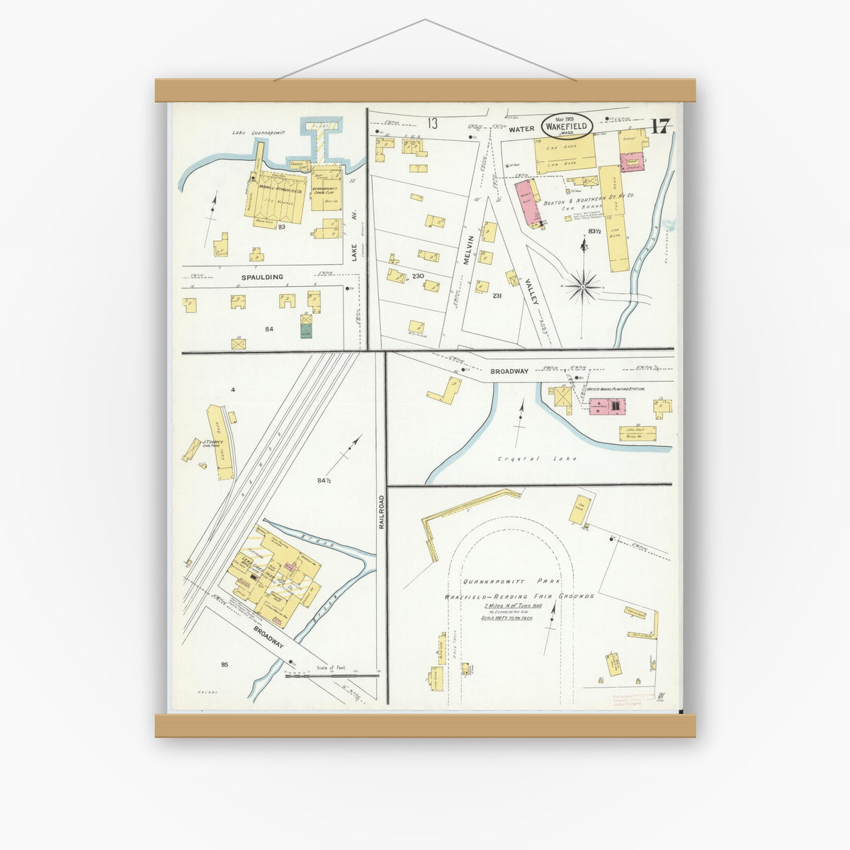 Old map wall art mockup — magnetic wood frame on white wall — Sanborn Fire Insurance Map from Wakefield, Middlesex County, Massachusetts (1909), Sheet #0017