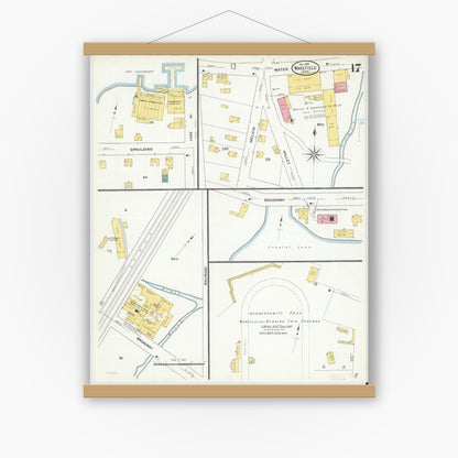 Old map wall art mockup — magnetic wood frame on white wall — Sanborn Fire Insurance Map from Wakefield, Middlesex County, Massachusetts (1909), Sheet #0017