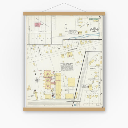 Old map wall art mockup — magnetic wood frame on white wall — Sanborn Fire Insurance Map from Alexandria, Madison County, Indiana (1896), Sheet #0005