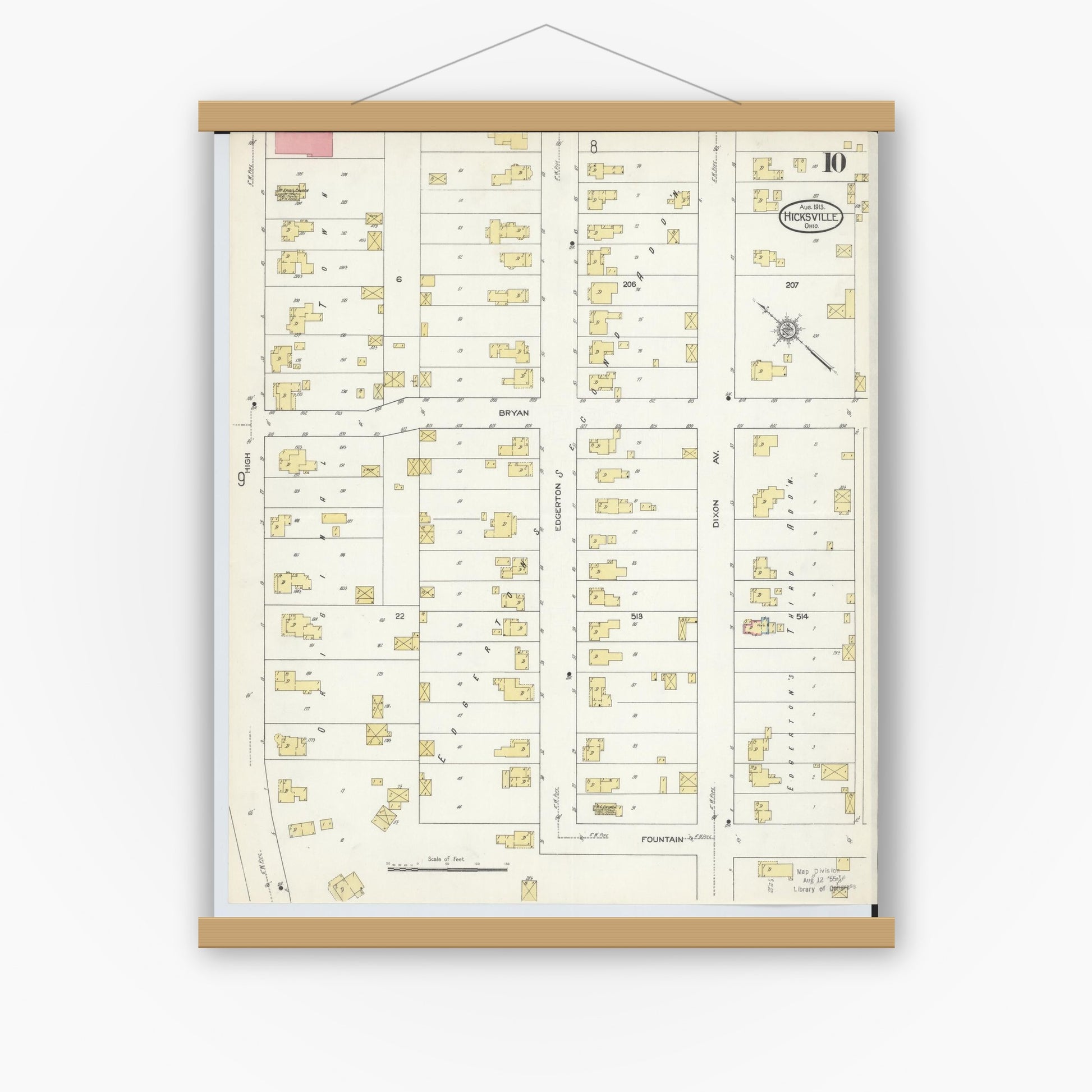 Old map wall art mockup — magnetic wood frame on white wall — Sanborn Fire Insurance Map from Hicksville, Defiance County, Ohio (1913), Sheet #0010