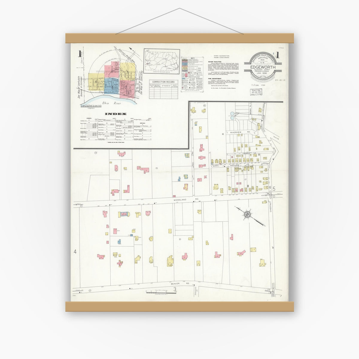 Old map wall art mockup — magnetic wood frame on white wall — Sanborn Fire Insurance Map from Edgeworth, Allegheny County, Pennsylvania (1938) - Complete Map Set