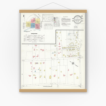 Old map wall art mockup — magnetic wood frame on white wall — Sanborn Fire Insurance Map from Edgeworth, Allegheny County, Pennsylvania (1938) - Complete Map Set