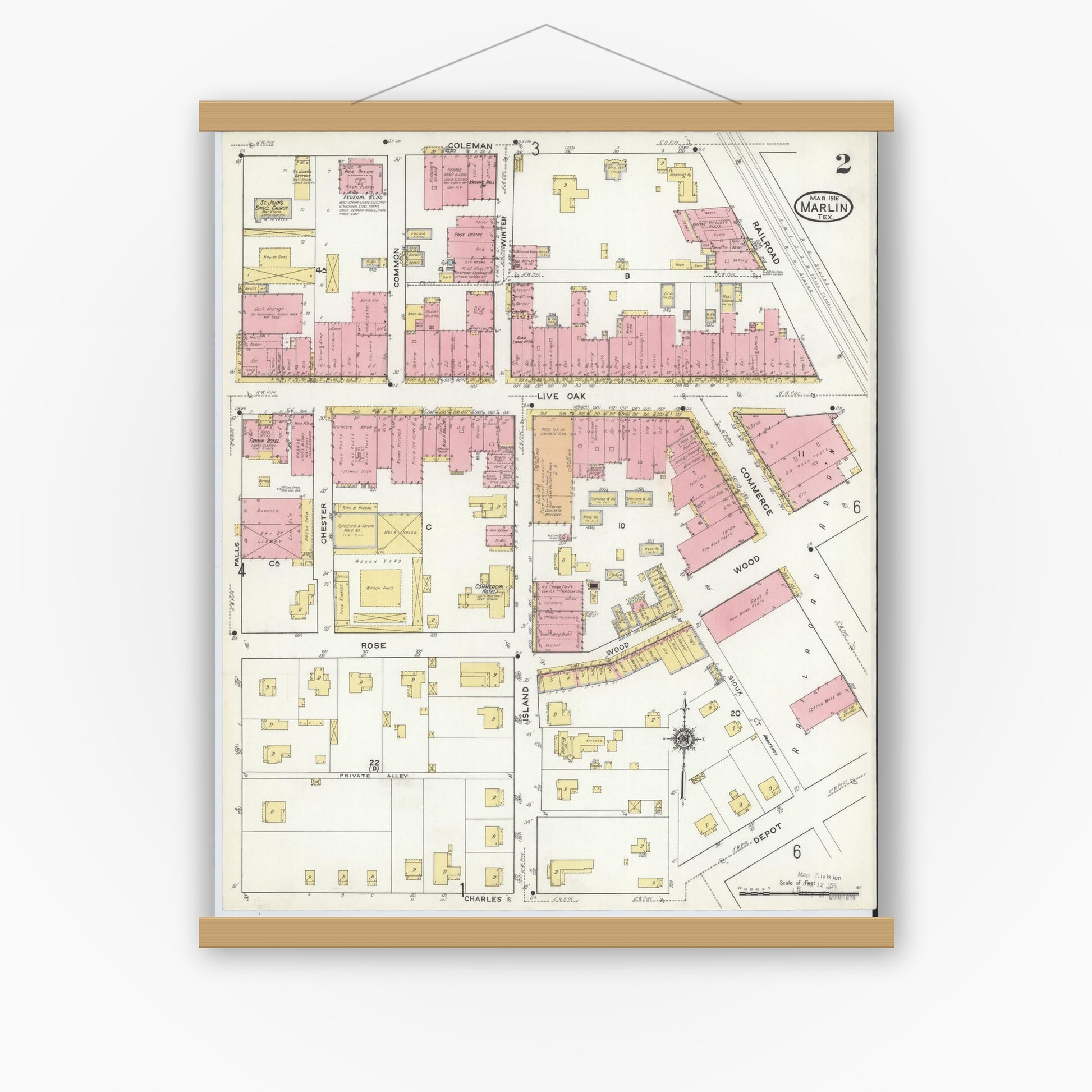 Old map wall art mockup — magnetic wood frame on white wall — Sanborn Fire Insurance Map from Marlin, Falls County, Texas (1916), Sheet #0002