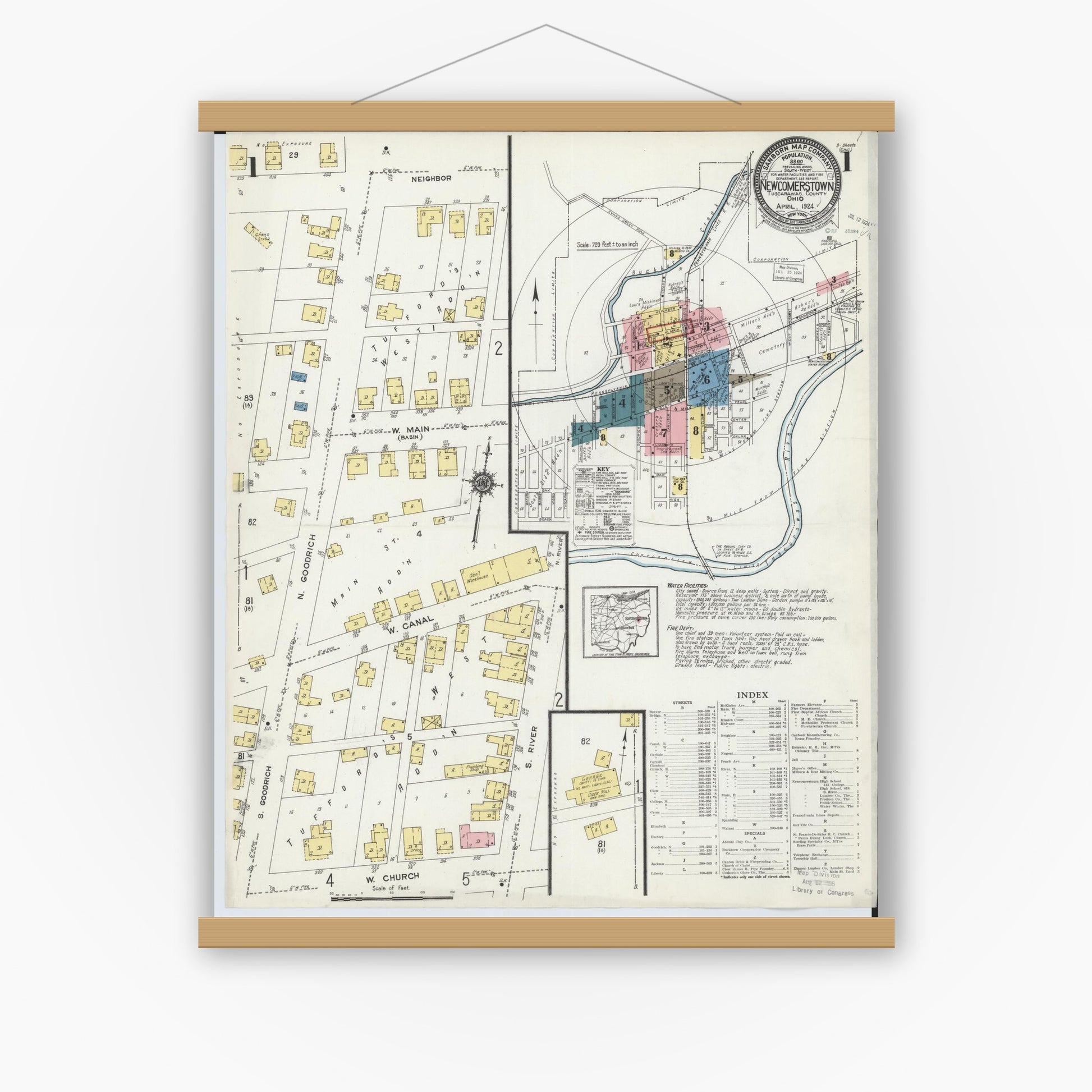 Old map wall art mockup — magnetic wood frame on white wall — Sanborn Fire Insurance Map from Newcomerstown, Tuscarawas County, Ohio (1924) - Complete Map Set
