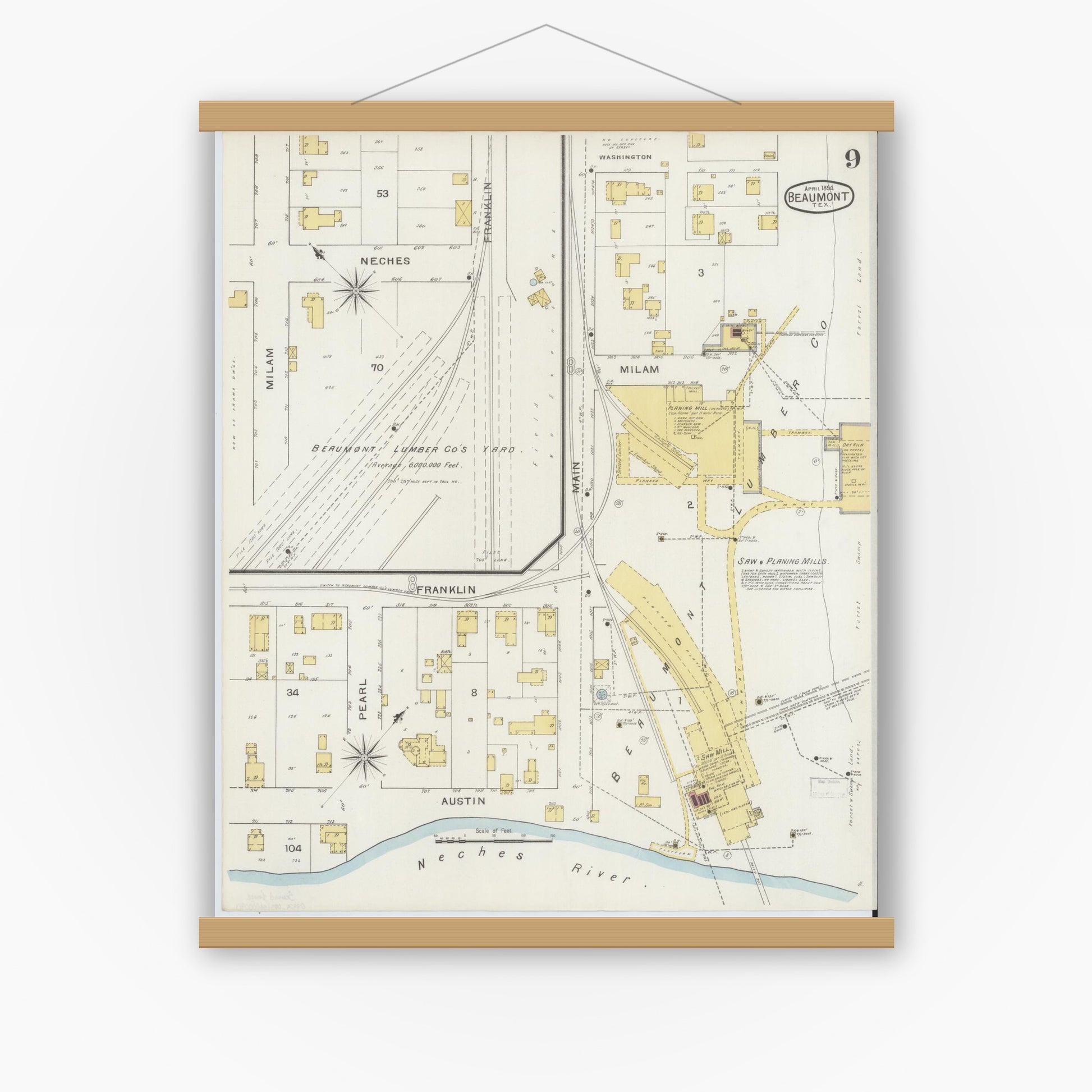 Old map wall art mockup — magnetic wood frame on white wall — Sanborn Fire Insurance Map from Beaumont, Jefferson County, Texas (1894), Sheet #0009