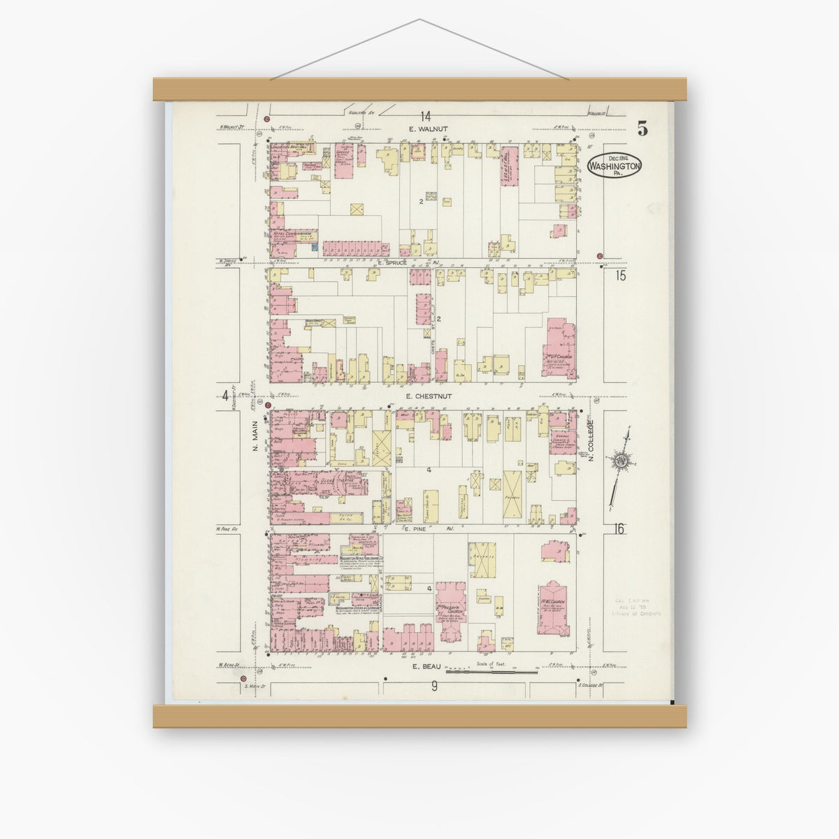 Old map wall art mockup — magnetic wood frame on white wall — Sanborn Fire Insurance Map from Washington, Washington County, Pennsylvania (1914), Sheet #0005