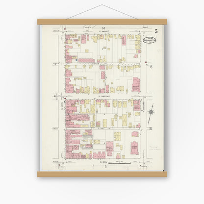 Old map wall art mockup — magnetic wood frame on white wall — Sanborn Fire Insurance Map from Washington, Washington County, Pennsylvania (1914), Sheet #0005