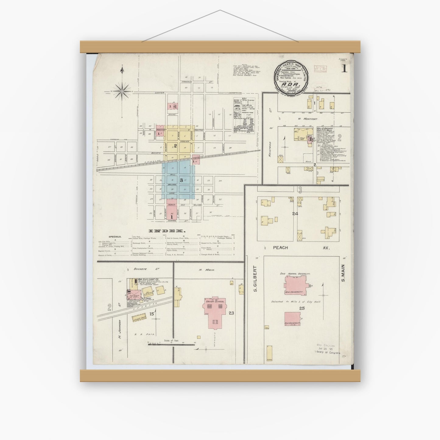 Old map wall art mockup — magnetic wood frame on white wall — Sanborn Fire Insurance Map from Ada, Hardin County, Ohio (1892) - Complete Map Set