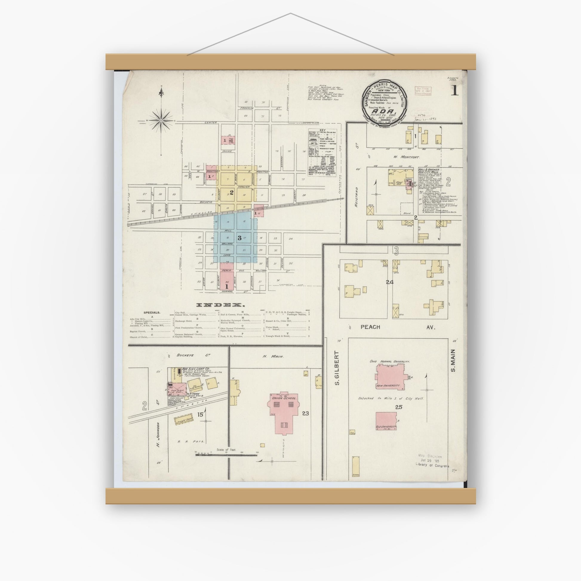 Old map wall art mockup — magnetic wood frame on white wall — Sanborn Fire Insurance Map from Ada, Hardin County, Ohio (1892) - Complete Map Set