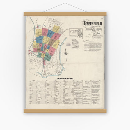 Old map wall art mockup — magnetic wood frame on white wall — Sanborn Fire Insurance Map from Greenfield, Franklin County, Massachusetts (1922) - Complete Map Set