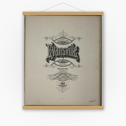 Old map wall art mockup — magnetic wood frame on white wall — Sanborn Fire Insurance Map from Evansville, Vanderburgh County, Indiana (1910), Sheet #0001
