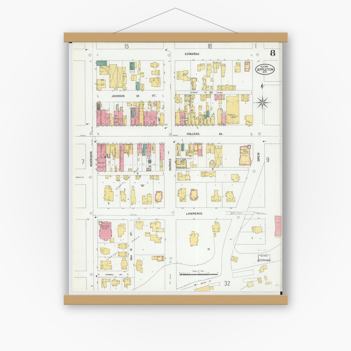 Old map wall art mockup — magnetic wood frame on white wall — Sanborn Fire Insurance Map from Appleton, Outagamie County, Wisconsin (1901), Sheet #0008