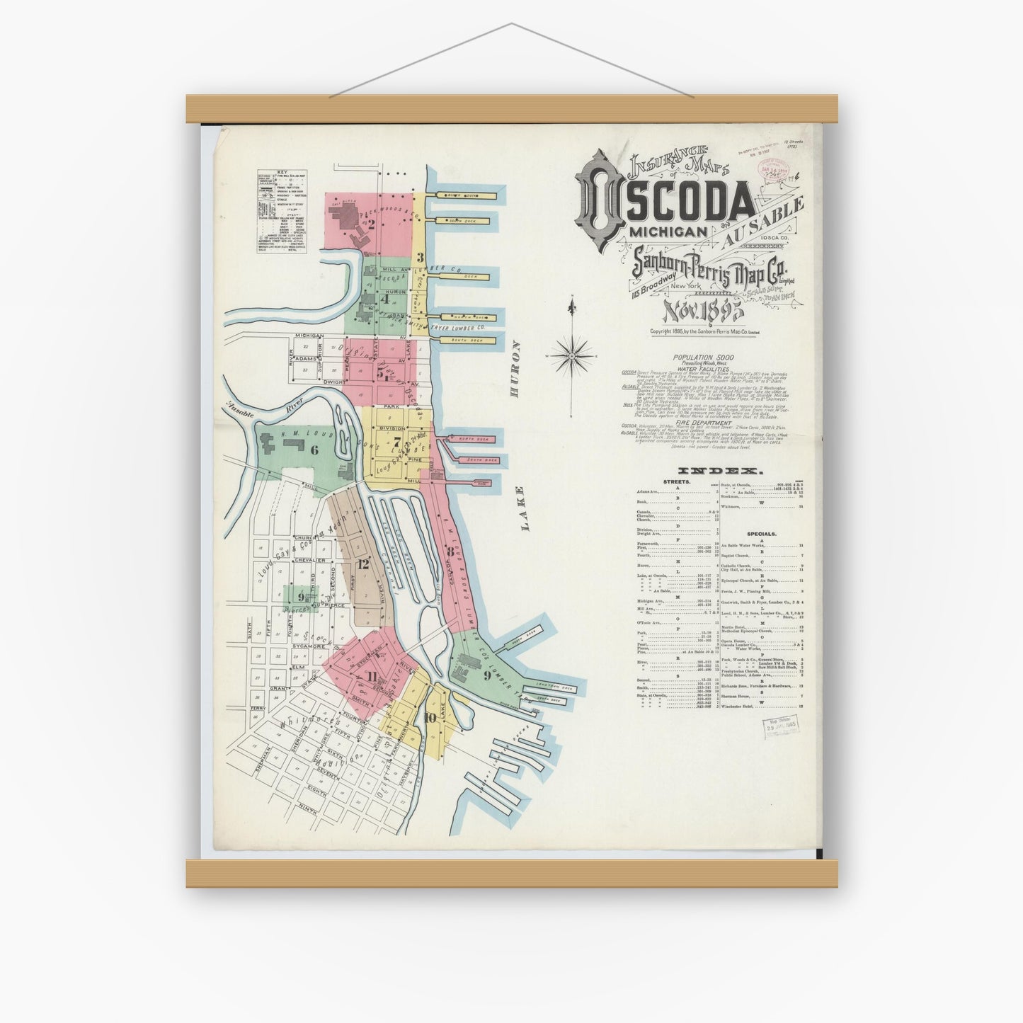 Old map wall art mockup — magnetic wood frame on white wall — Sanborn Fire Insurance Map from Oscoda, Iosco County, Michigan (1895), Sheet #0001