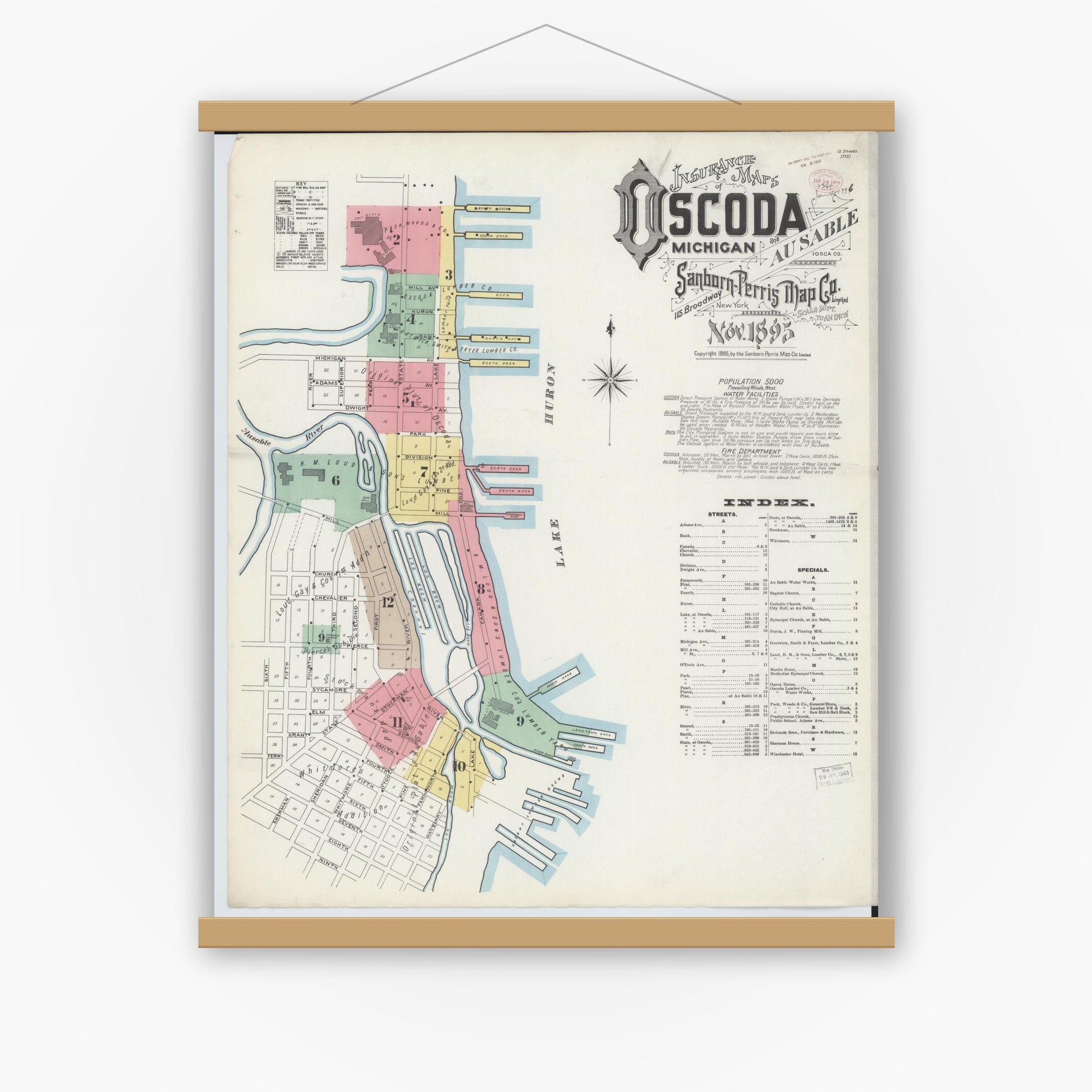 Old map wall art mockup — magnetic wood frame on white wall — Sanborn Fire Insurance Map from Oscoda, Iosco County, Michigan (1895), Sheet #0001