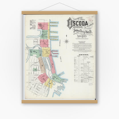 Old map wall art mockup — magnetic wood frame on white wall — Sanborn Fire Insurance Map from Oscoda, Iosco County, Michigan (1895), Sheet #0001