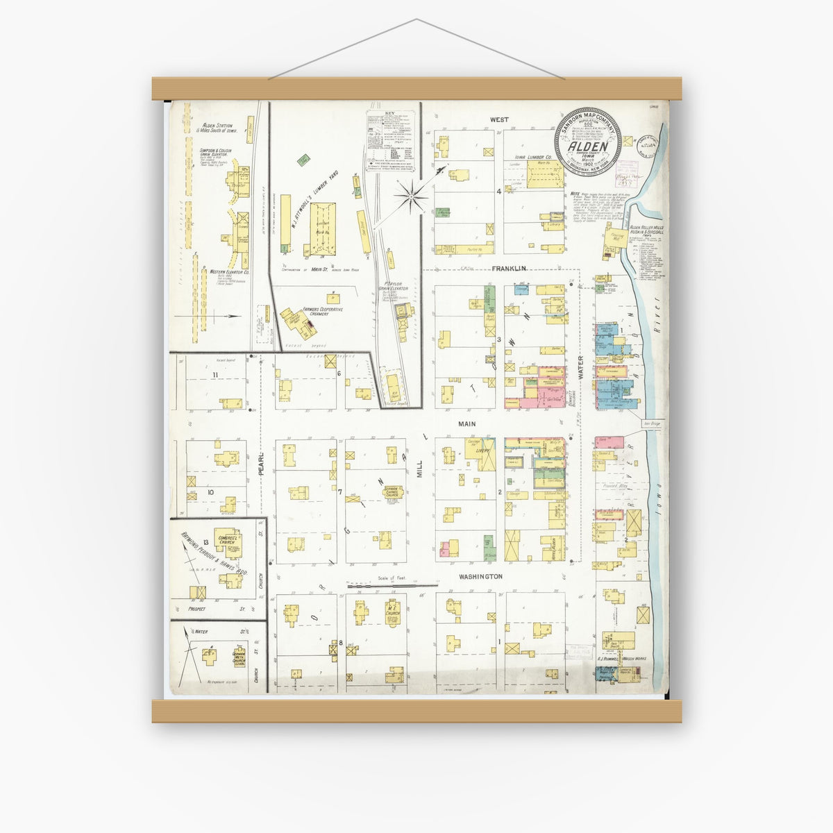 Old map wall art mockup — magnetic wood frame on white wall — Sanborn Fire Insurance Map from Alden, Hardin County, Iowa (1902), Sheet #0001