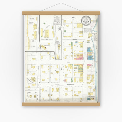 Old map wall art mockup — magnetic wood frame on white wall — Sanborn Fire Insurance Map from Alden, Hardin County, Iowa (1902), Sheet #0001