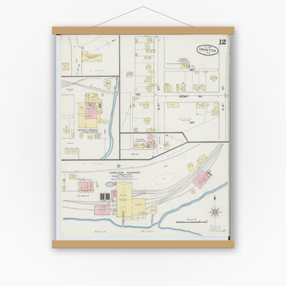 Old map wall art mockup — magnetic wood frame on white wall — Sanborn Fire Insurance Map from Ironton, Lawrence County, Ohio (1889), Sheet #0012