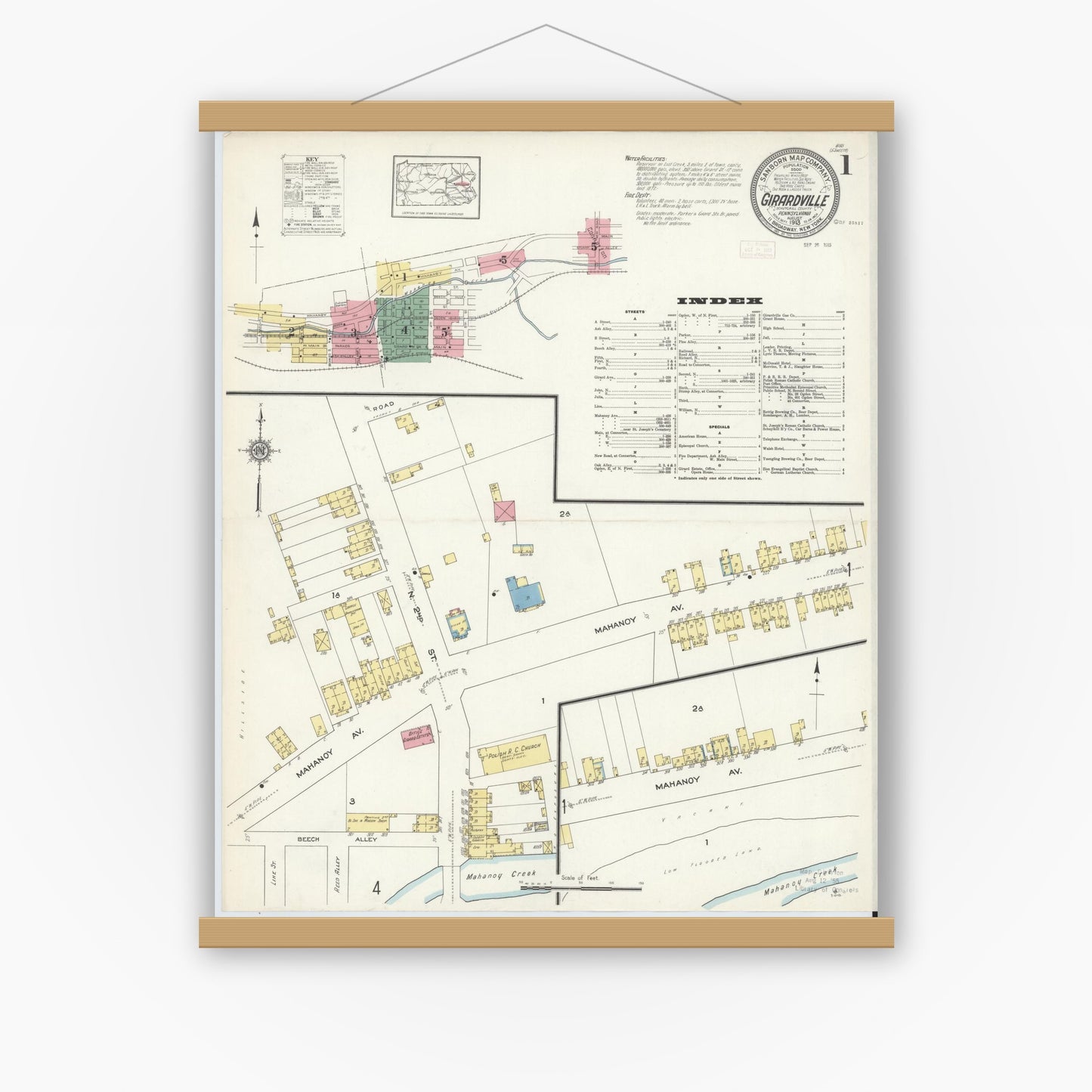 Old map wall art mockup — magnetic wood frame on white wall — Sanborn Fire Insurance Map from Girardsville, Schuylkill County, Pennsylvania (1913), Sheet #0001
