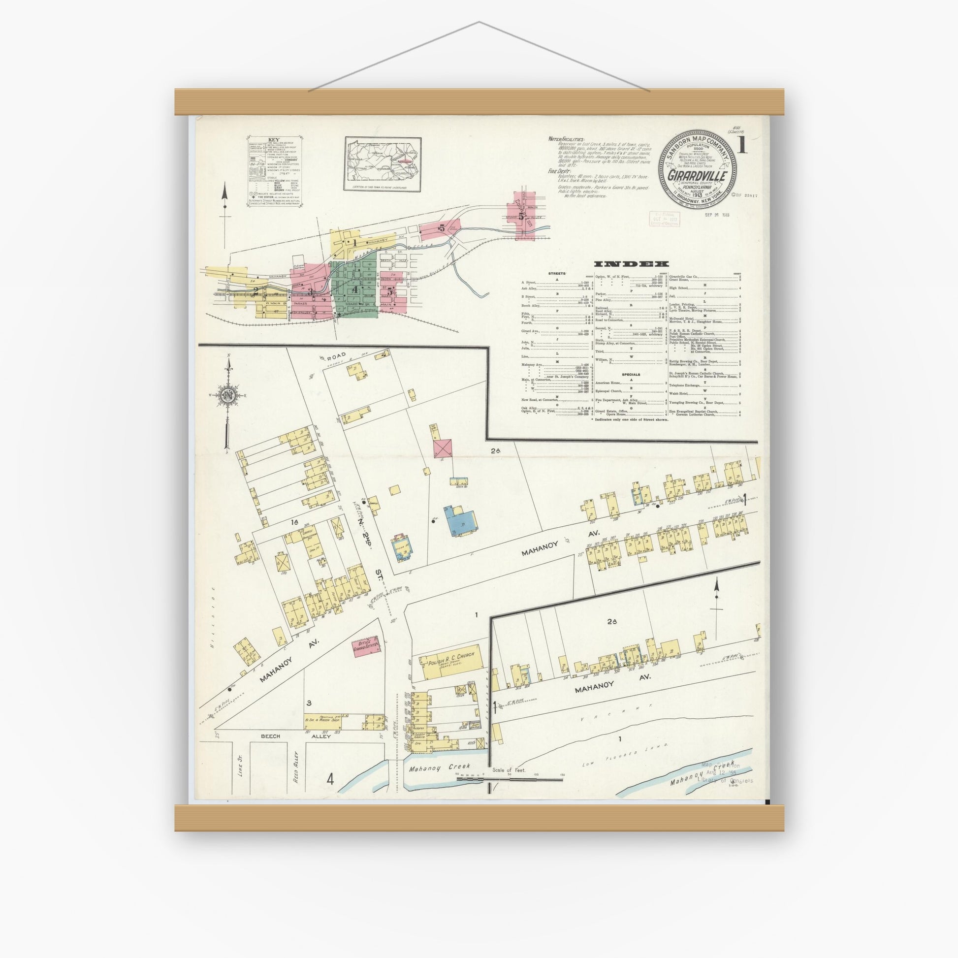 Old map wall art mockup — magnetic wood frame on white wall — Sanborn Fire Insurance Map from Girardsville, Schuylkill County, Pennsylvania (1913), Sheet #0001