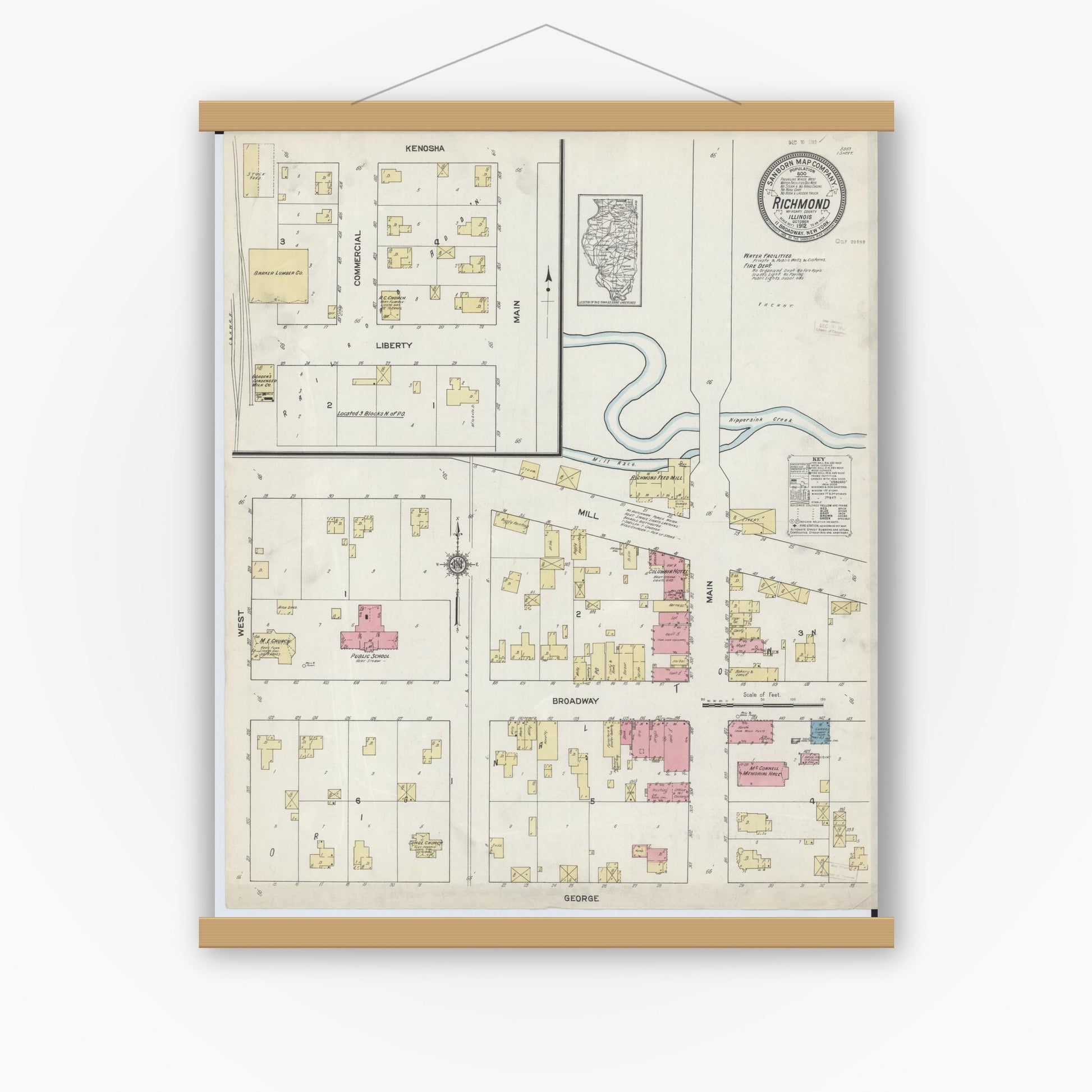 Old map wall art mockup — magnetic wood frame on white wall — Sanborn Fire Insurance Map from Richmond, McHenry County, Illinois (1912), Sheet #0001