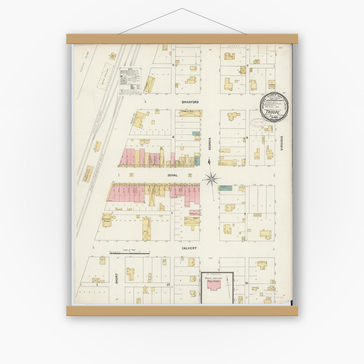 Old map wall art mockup — magnetic wood frame on white wall — Sanborn Fire Insurance Map from Troup, Smith County, Texas (1899), Sheet #0001