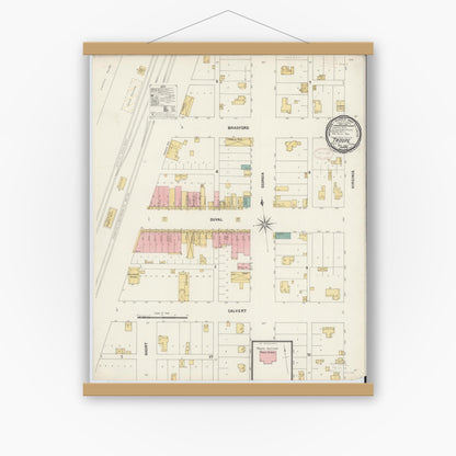 Old map wall art mockup — magnetic wood frame on white wall — Sanborn Fire Insurance Map from Troup, Smith County, Texas (1899), Sheet #0001