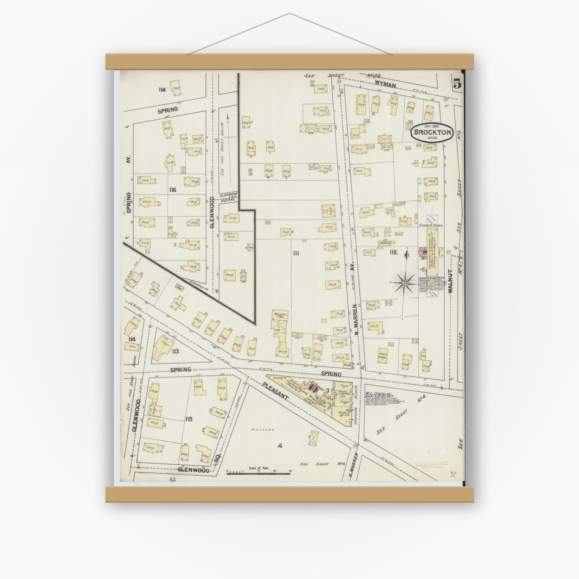 Old map wall art mockup — magnetic wood frame on white wall — Sanborn Fire Insurance Map from Brockton, Plymouth County, Massachusetts (1889), Sheet #0005