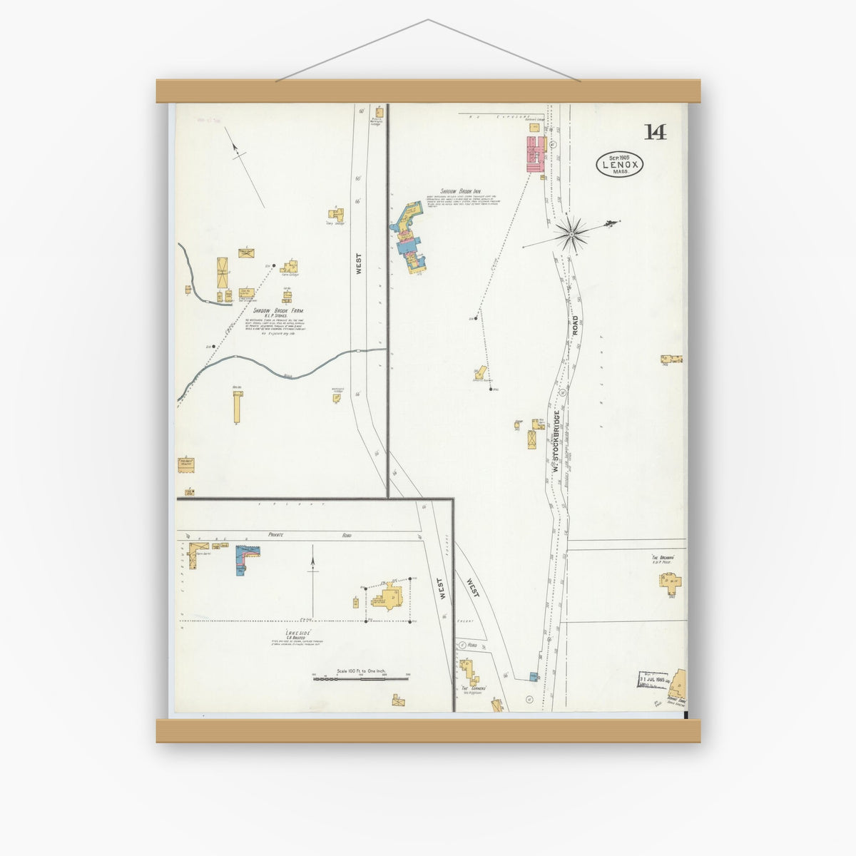 Old map wall art mockup — magnetic wood frame on white wall — Sanborn Fire Insurance Map from Lenox, Berkshire County, Massachusetts (1905), Sheet #0014