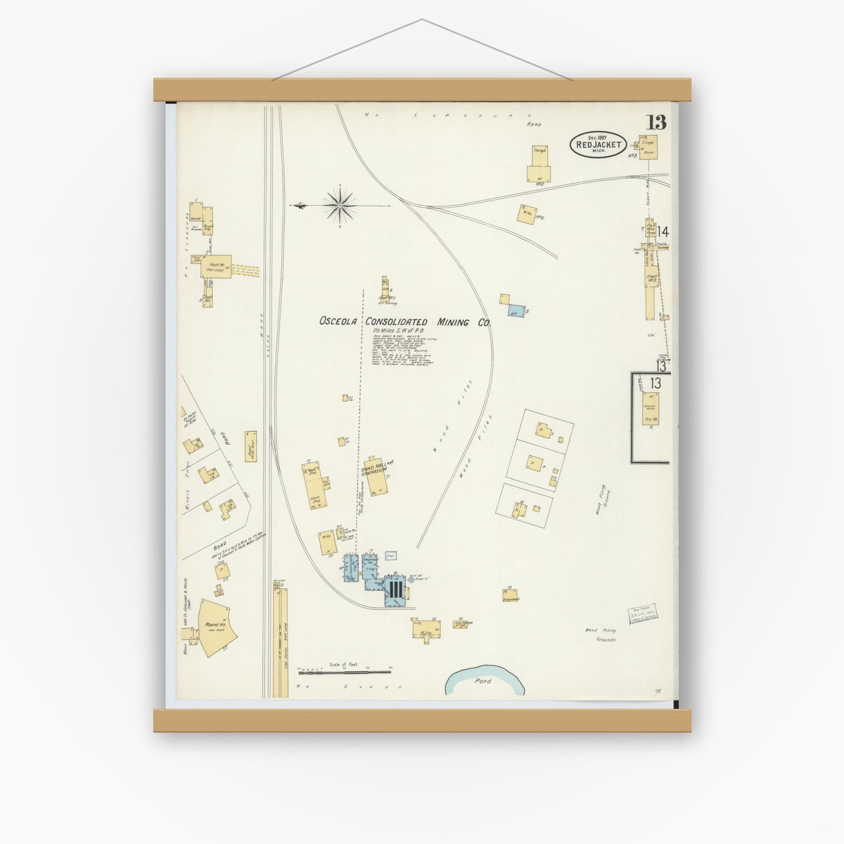 Old map wall art mockup — magnetic wood frame on white wall — Sanborn Fire Insurance Map from Red Jacket, Houghton County, Michigan (1897), Sheet #0013