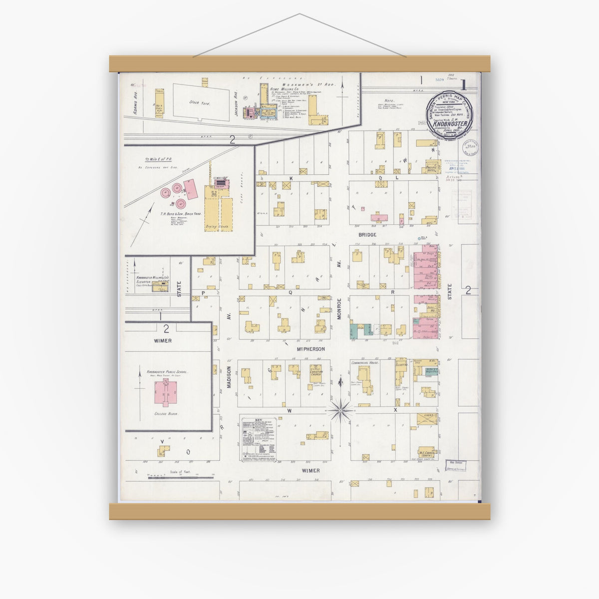 Old map wall art mockup — magnetic wood frame on white wall — Sanborn Fire Insurance Map from Knobnoster, Johnson County, Missouri (1900), Sheet #0001