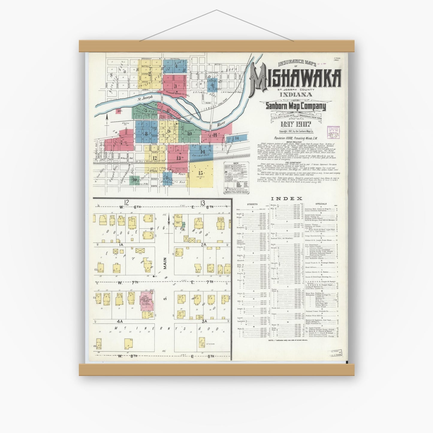 Old map wall art mockup — magnetic wood frame on white wall — Sanborn Fire Insurance Map from Mishawaka, Saint Joseph County, Indiana (1907) - Complete Map Set