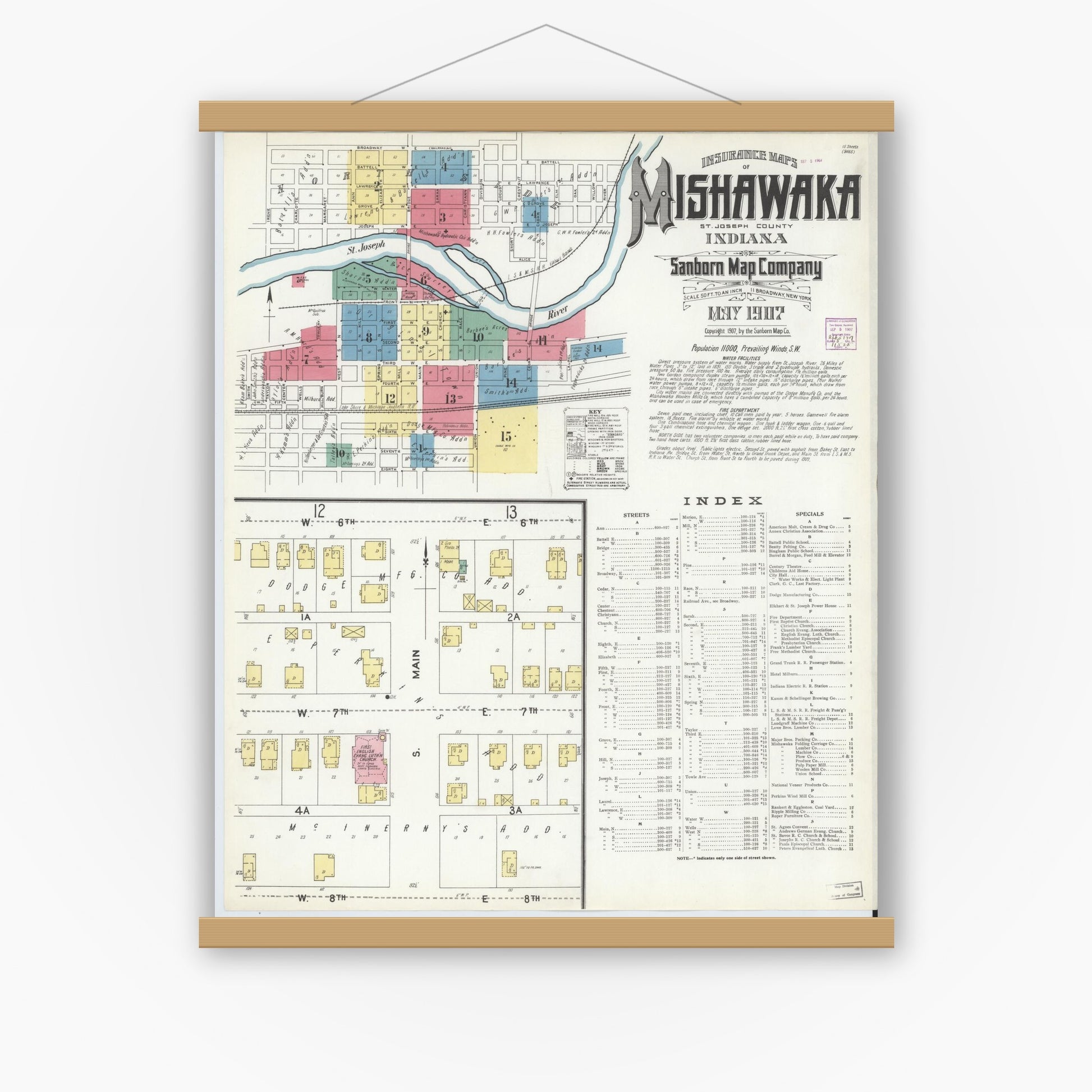 Old map wall art mockup — magnetic wood frame on white wall — Sanborn Fire Insurance Map from Mishawaka, Saint Joseph County, Indiana (1907) - Complete Map Set