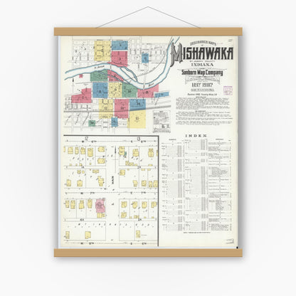 Old map wall art mockup — magnetic wood frame on white wall — Sanborn Fire Insurance Map from Mishawaka, Saint Joseph County, Indiana (1907) - Complete Map Set