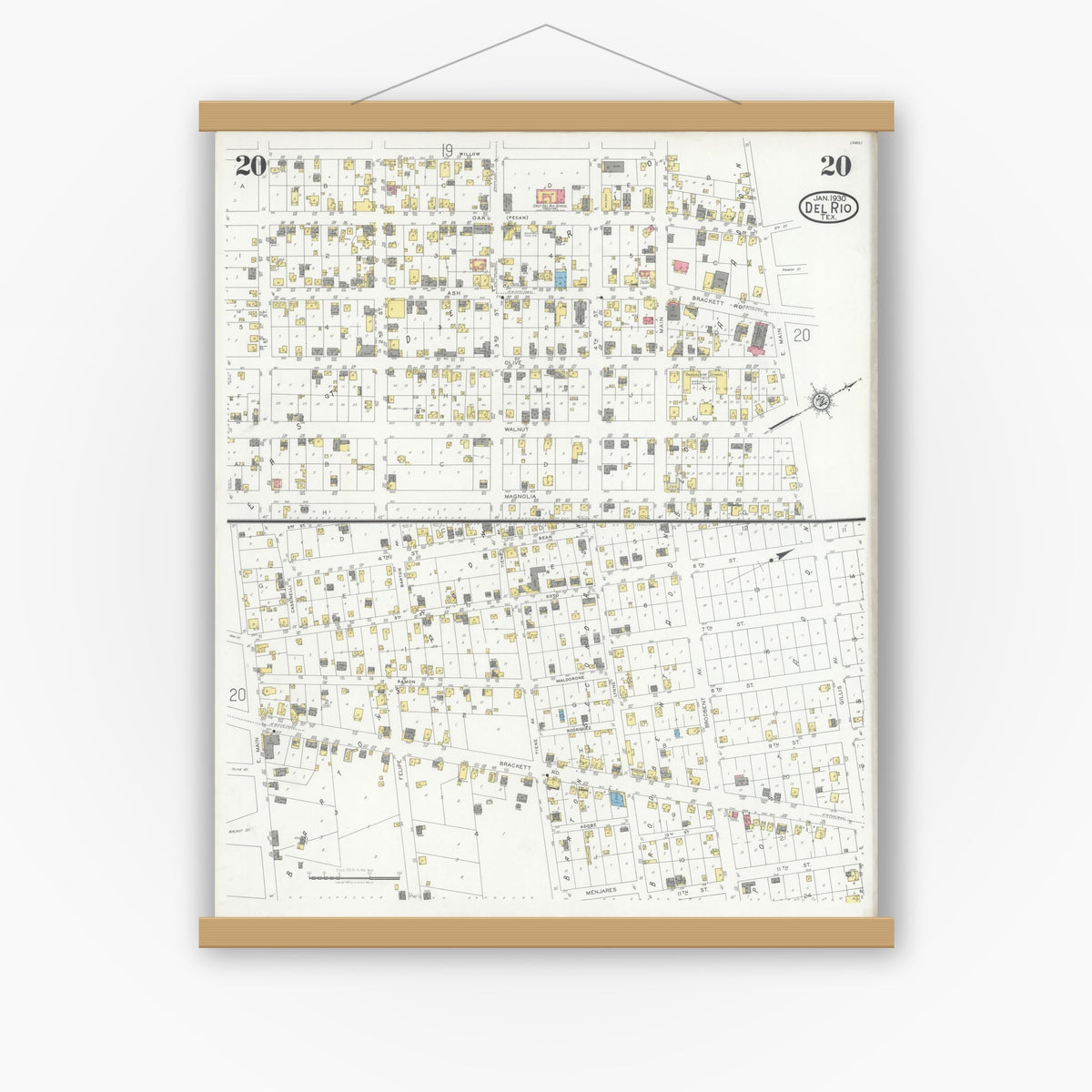 Old map wall art mockup — magnetic wood frame on white wall — Sanborn Fire Insurance Map from Del Rio, Val Verde County, Texas (1930), Sheet #0020