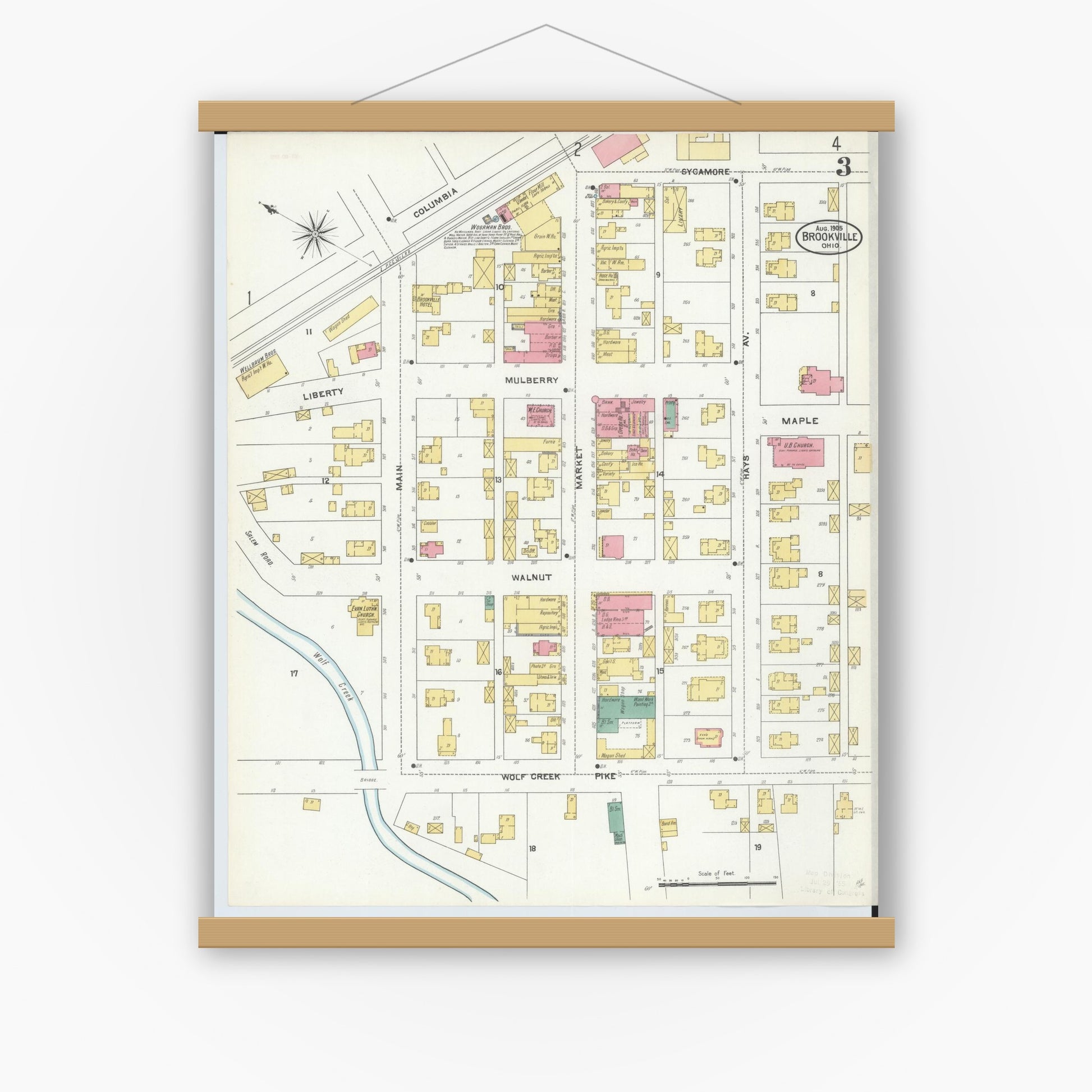Old map wall art mockup — magnetic wood frame on white wall — Sanborn Fire Insurance Map from Brookville, Montgomery County, Ohio (1905), Sheet #0003