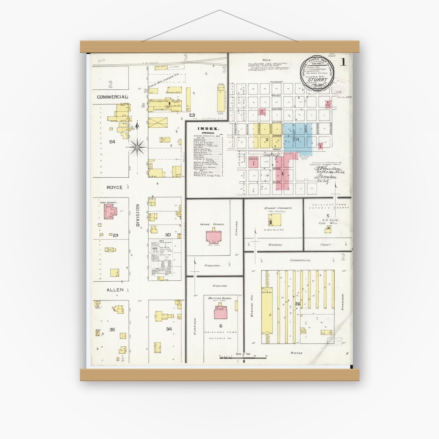 Old map wall art mockup — magnetic wood frame on white wall — Sanborn Fire Insurance Map from Stuart, Guthrie and Adair Counties, Iowa (1894) â€” Complete Set