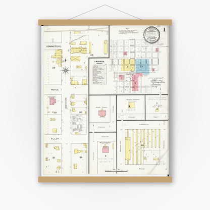 Old map wall art mockup — magnetic wood frame on white wall — Sanborn Fire Insurance Map from Stuart, Guthrie and Adair Counties, Iowa (1894) â€” Complete Set